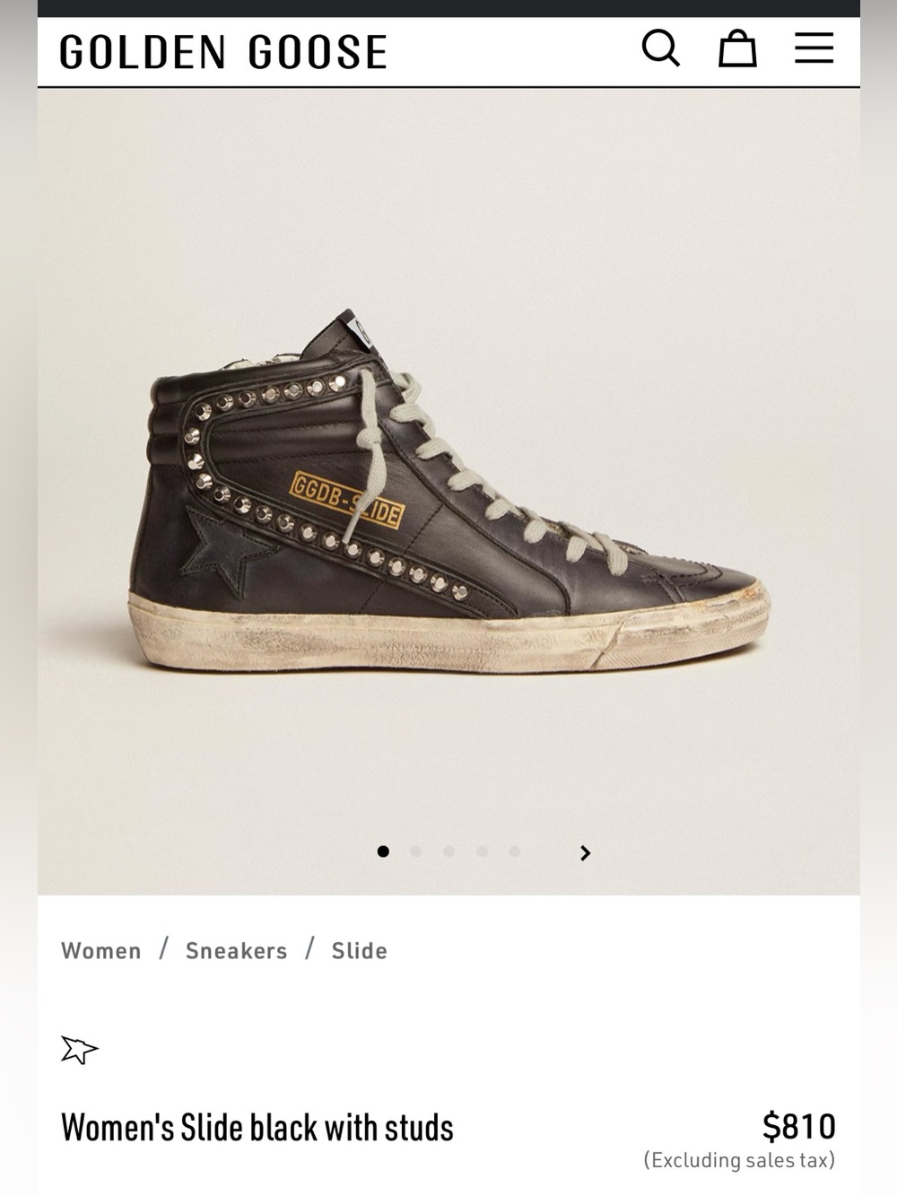 Golden Goose Slide Black Studs High Top Sneakers EU 37 US 7 Calfskin Leather - Picture 1 of 12
